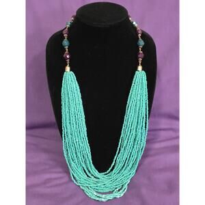 Boho Turquoise Colored Multistrand Cascading Seed Beed Statement Necklace Chunky